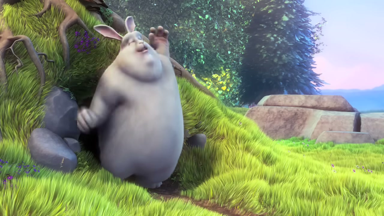 Única foto guardada de Big Buck Bunny al minut 21 — el conill està recolzat cap enrere prop d'un arbre