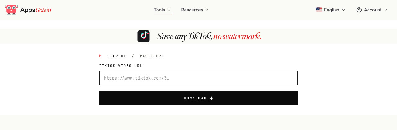 AppsGolem TikTok downloader interface — paste URL form with TikTok branding