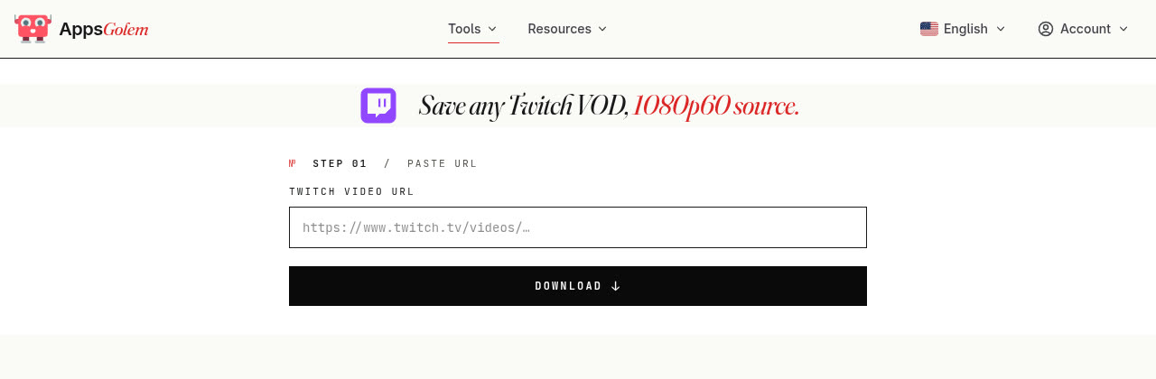 AppsGolem Twitch VOD downloader interface — paste URL form with Twitch branding