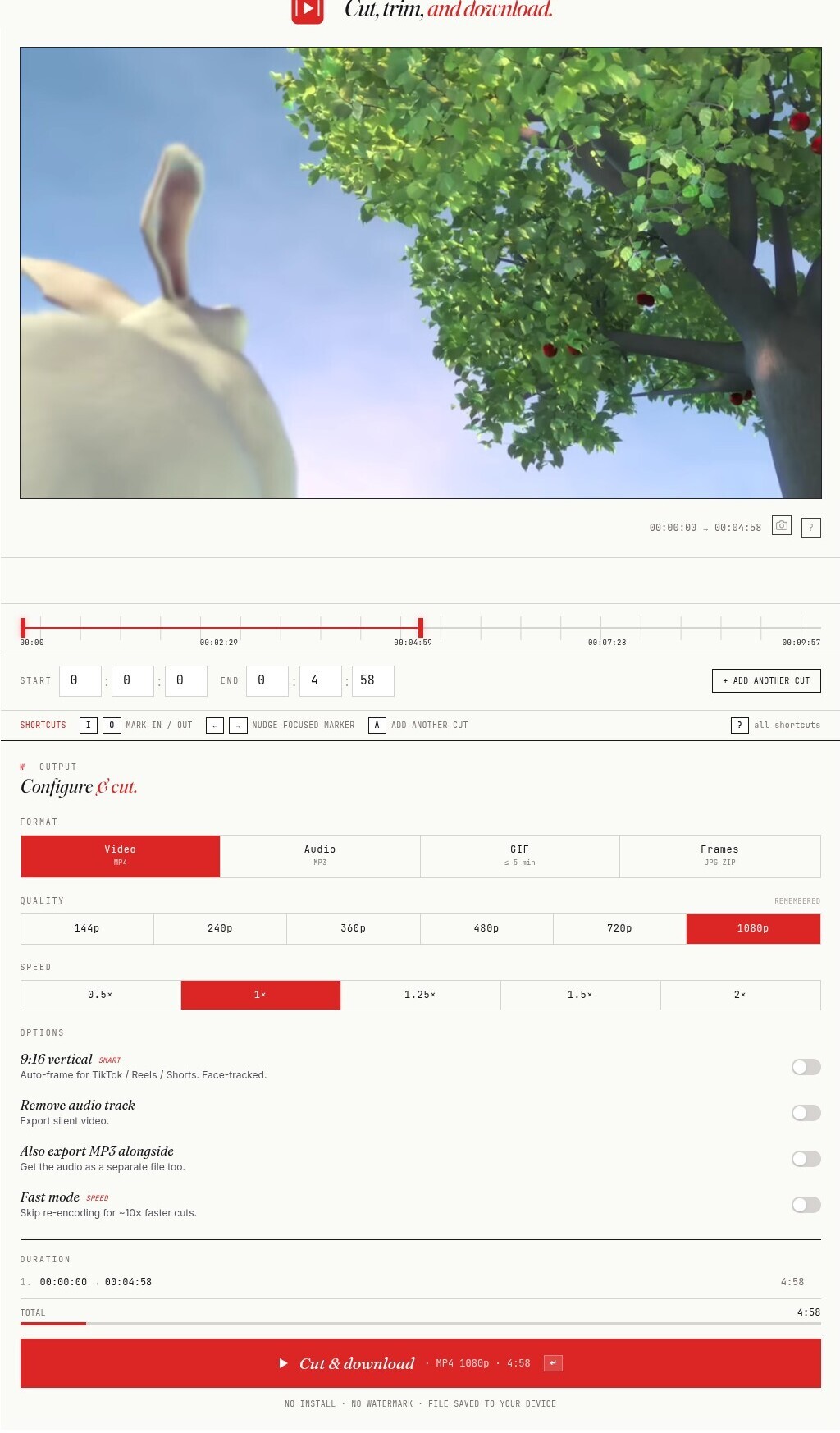 AppsGolem YouTube cutter — full interface with Big Buck Bunny loaded in the player, timeline slider with start/end markers, HMS in/out fields, and the Configure & cut panel showing Format pills (Video / Audio / GIF / Frames JPG ZIP), Quality pills (144p–1080p), Speed pills (0.5×–2×), Options toggles (9:16 vertical, Remove audio, MP3 alongside, Fast mode), Duration breakdown, and the red Cut & download CTA