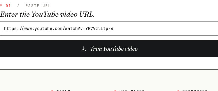 วางแบบฟอร์ม URL พร้อมลิงก์ YouTube ในการป้อนข้อมูลและปุ่มตัดแต่งวิดีโอ YouTube