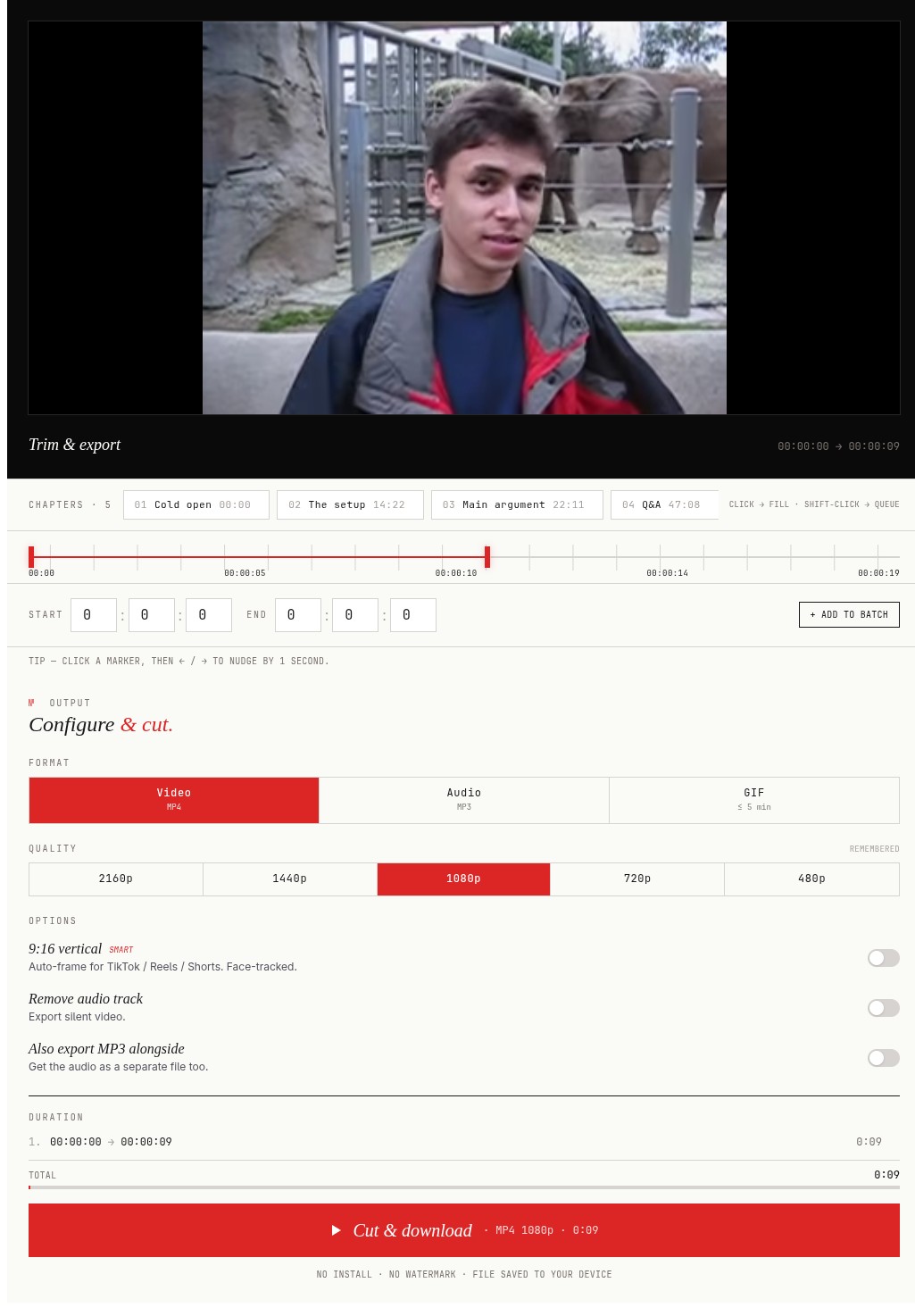 มุมมองคัตเตอร์แบบเต็ม: เครื่องเล่นวิดีโอ YouTube อยู่ด้านบนแถบบทและแถบเลื่อนไทม์ไลน์พร้อมเครื่องหมายเริ่มต้น / สิ้นสุดฟิลด์เข้า / ออก HMS จากนั้นแผงการกําหนดค่าพร้อมรูปแบบยา (วิดีโอ / เสียง / GIF) ยาคุณภาพ (2160p-480p) สลับตัวเลือกการแบ่งระยะเวลาและปุ่มตัดและดาวน์โหลดสีแดงที่ด้านล่าง