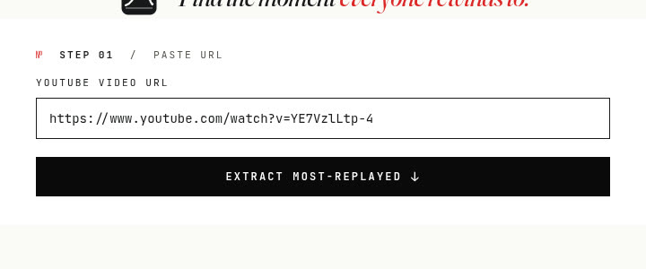 Ielīmēšanas URL veidlapa ar YouTube saiti ievadē un pogu Izvilkt visbiežāk atskaņoto saturu
